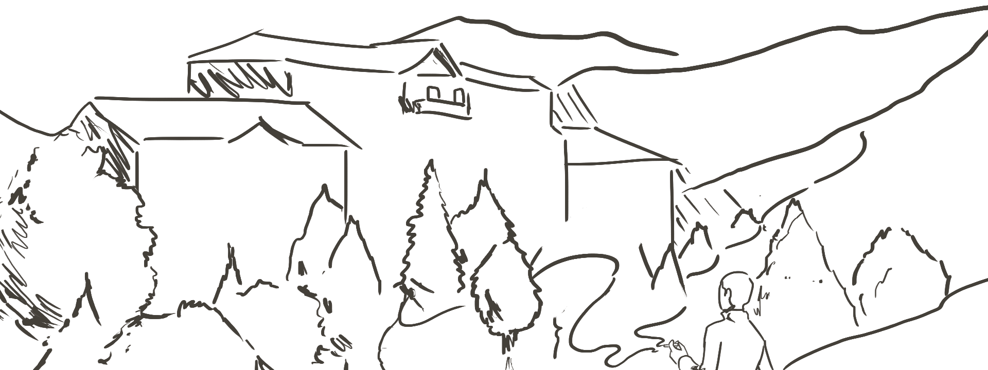 Drawing by Dante S. Prado of the sanatorium from Thomas Mann’s The Magic Mountain, among pine trees on a mountainside, with a man smoking in the foreground